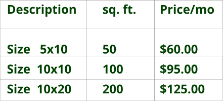Description		sq. ft.		Price/mo  Size   5x10 		50 			$60.00  Size  10x10 		100 		$95.00  Size  10x20 		200 		$125.00